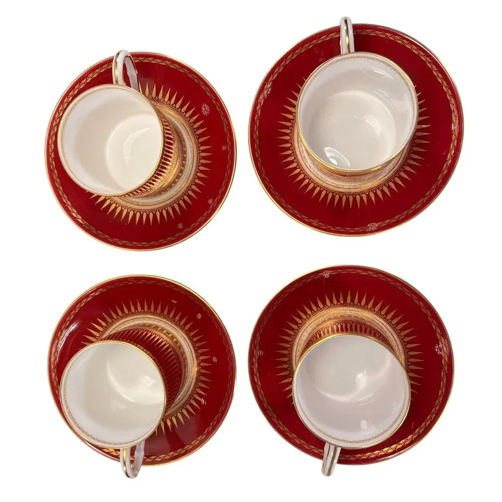 Royal Worcester Regency Red Espresso Demitasse Cups Saucers Sunburst Set Of 4 - Picture 6 of 16